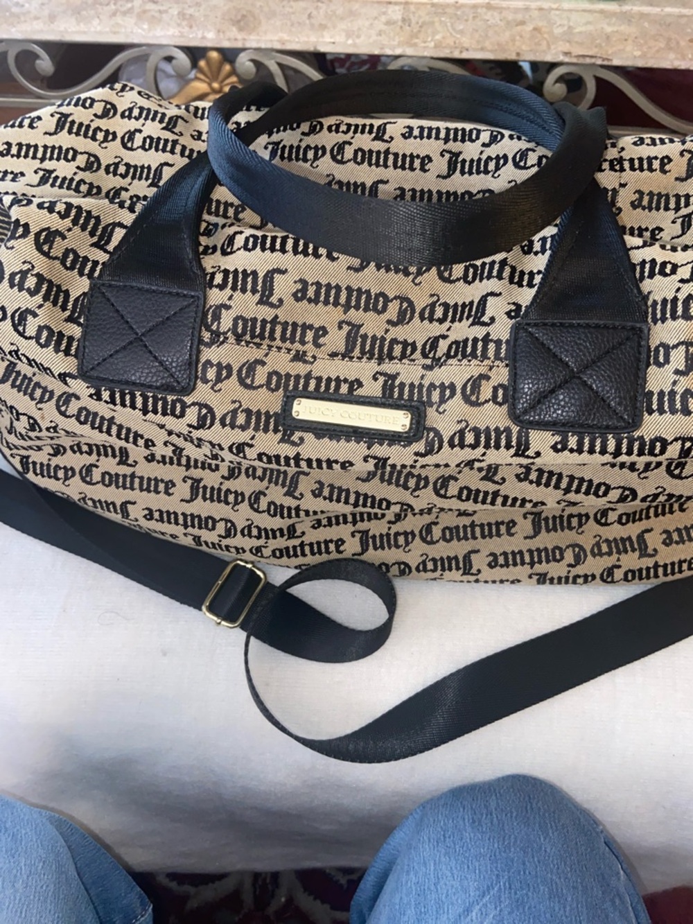Juicy Couture Beige Logo Print Weekender with Black Trim